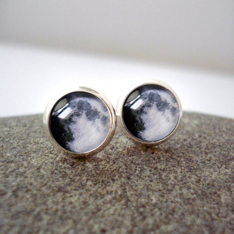 Silver Tone Stud Earrings with Custom Moon Phase Jewelry Yugen Handmade