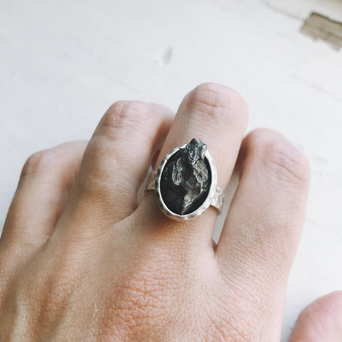 Oval Raw Meteorite Ring in Silver Jewelry Yugen Handmade