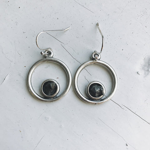 Circle Silver Earrings with Raw Meteorite Jewelry Yugen Handmade