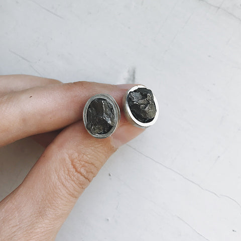 Oval Raw Meteorite Small Stud Earrings Jewelry Yugen Handmade