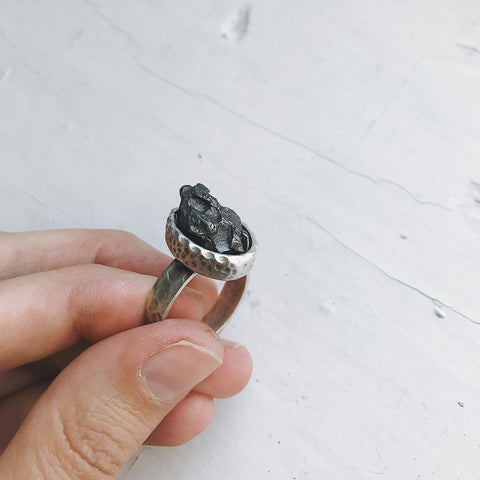 Oval Raw Meteorite Ring in Silver Jewelry Yugen Handmade