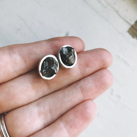 Oval Raw Meteorite Small Stud Earrings Jewelry Yugen Handmade