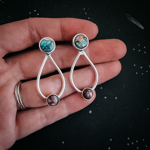 Journey to Mars Stud Earrings - Copper Chrysocolla Earth and Red Jasper Moon