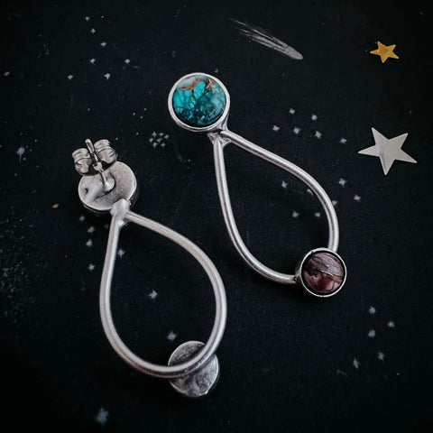Journey to Mars Stud Earrings - Copper Chrysocolla Earth and Red Jasper Moon