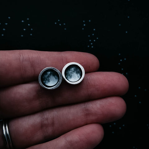 Chunky silver custom moon phase stud earrings