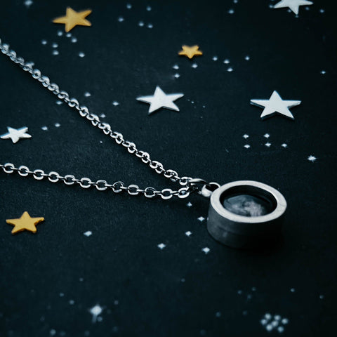 Custom moon phase round circle pendant in silver with thick bezel walls