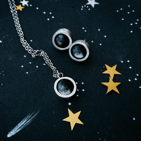 Custom moon phase earring and necklace jewelry gift set by Yugen Tribe