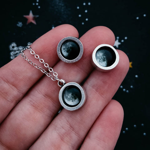 Custom moon phase earring and necklace jewelry gift set by Yugen Tribe