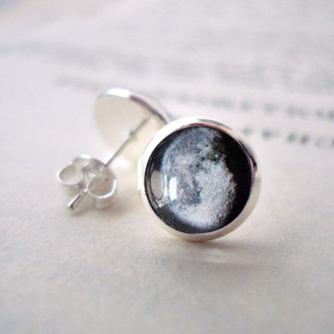 Silver Tone Stud Earrings with Custom Moon Phase Jewelry Yugen Handmade