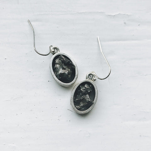 Oval Dangle Earrings with Raw Meteorite Jewelry Yugen Handmade