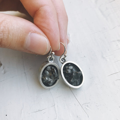 Oval Dangle Earrings with Raw Meteorite Jewelry Yugen Handmade