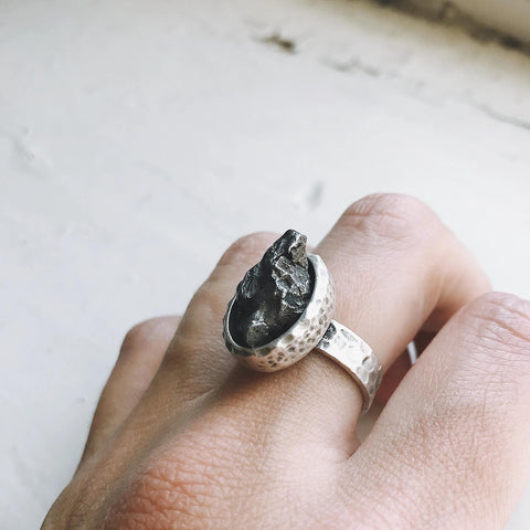 Oval Raw Meteorite Ring in Silver Jewelry Yugen Handmade