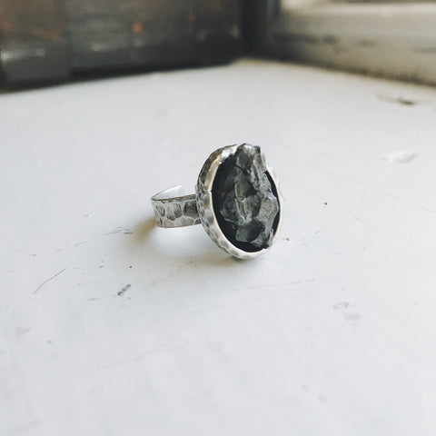Oval Raw Meteorite Ring in Silver Jewelry Yugen Handmade