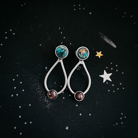 Journey to Mars Stud Earrings - Copper Chrysocolla Earth and Red Jasper Moon