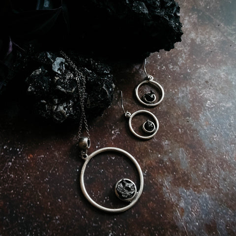 Meteorite Jewelry Set - Circle Necklace and Earrings Jewelry Yugen Handmade