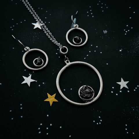 Meteorite Jewelry Set - Circle Necklace and Earrings Jewelry Yugen Handmade