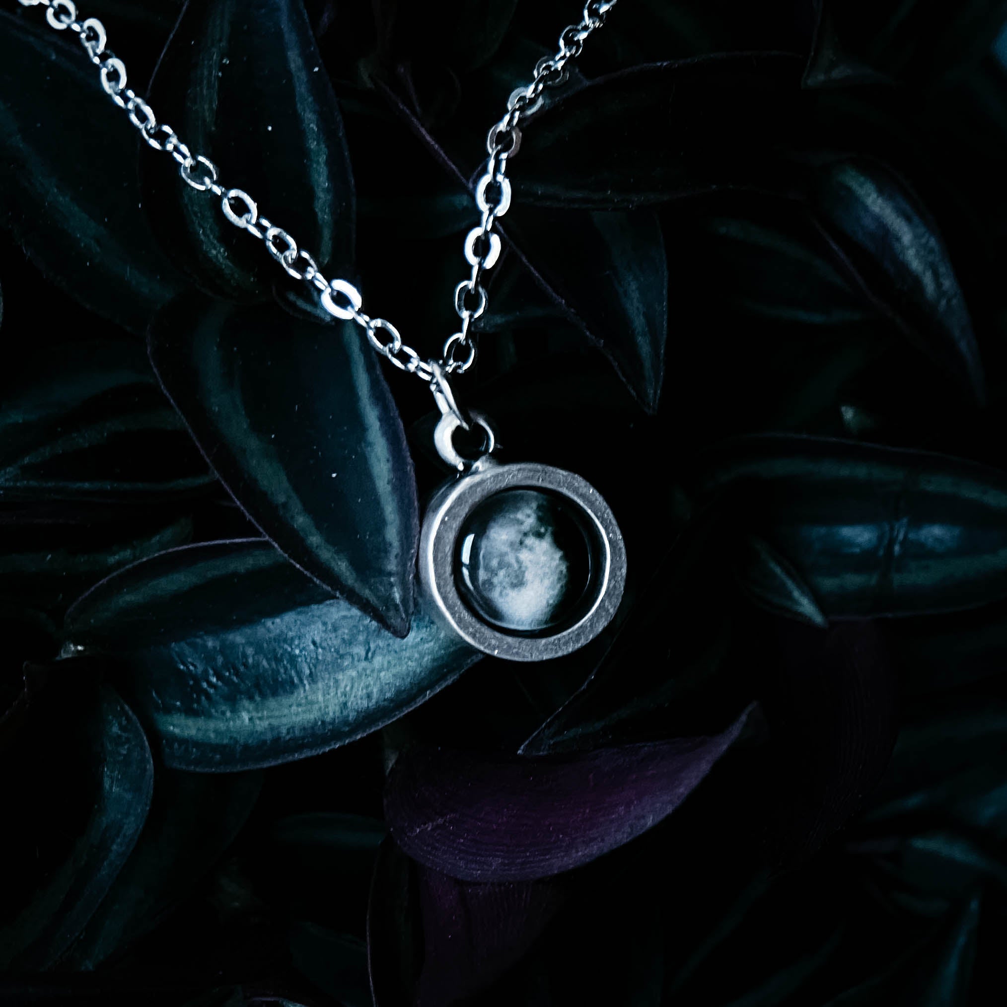Custom moon phase round circle pendant in silver with thick bezel walls