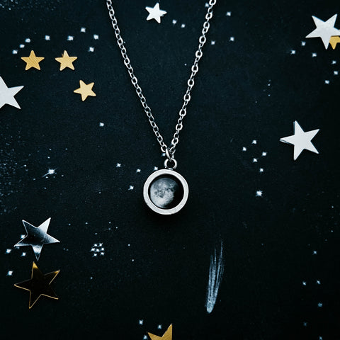 Custom moon phase round circle pendant in silver with thick bezel walls